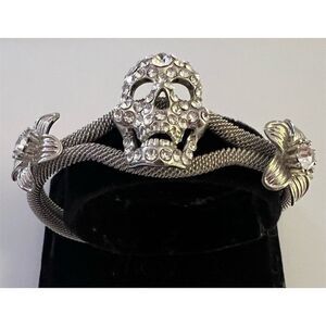 Fashion Bracelet Silver Tone Crystal Rhinestone Skull Mesh Open Cuff Jewelry